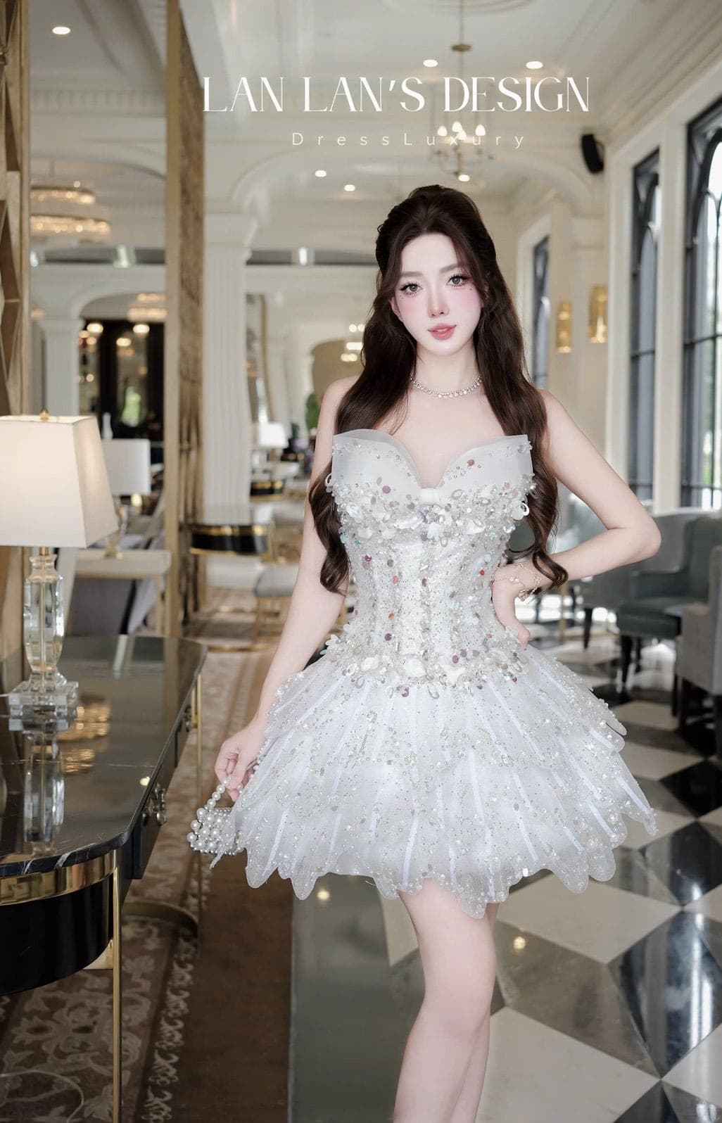ชุดเดรส แต่งโบว์+กลิตเตอร์ สีขาว Brand HiSo 2225 Size M BKK รูปที่ 5