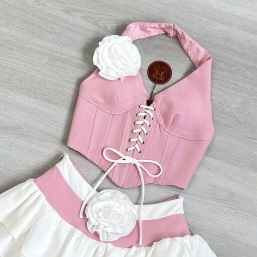 ชุดเซ็ท เสื้อ+กระโปรง แต่งดอก สีชมพู 4019 Size S-M BKK รูปที่ 7