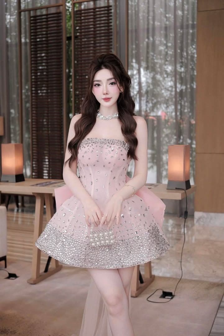 ชุดเดรส เกาะอก แต่งเพชรกลิตเตอร์+โบว์ สีชมพู 2034 Size S BKK รูปที่ 3