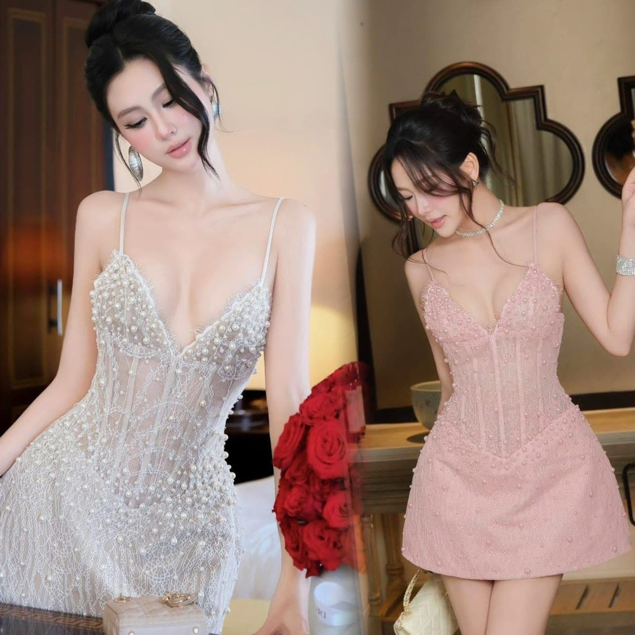 ชุดเดรส สายเดี่ยว แต่งมุก สีชมพู , สีครีม-ขาว BRAND Thao_bibii 2290 BKK SIZE M
