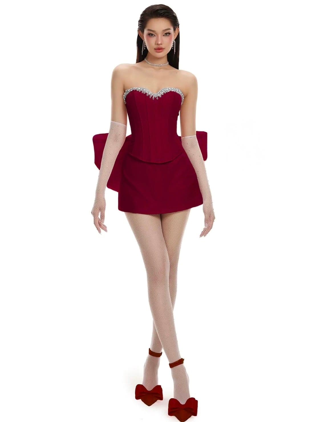 ชุดเซ็ท 3ชิ้น แต่งโบว์ แต่งเพชร สีแดง 4014 Size M BKK รูปที่ 3