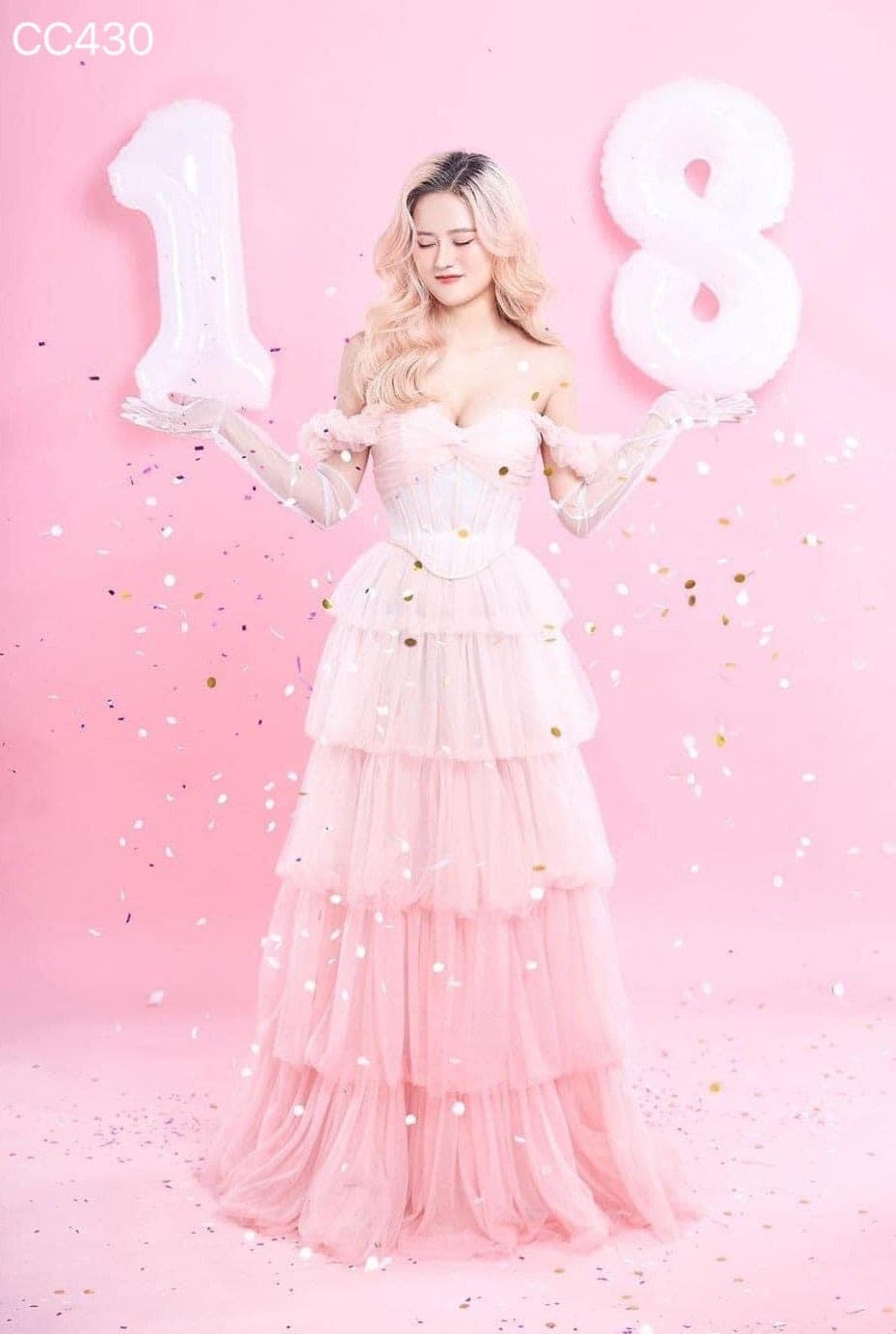 ชุดราตรียาว ทูโทน ฟูฟ่อง สีชมพู 3013 Size M รูปที่ 3