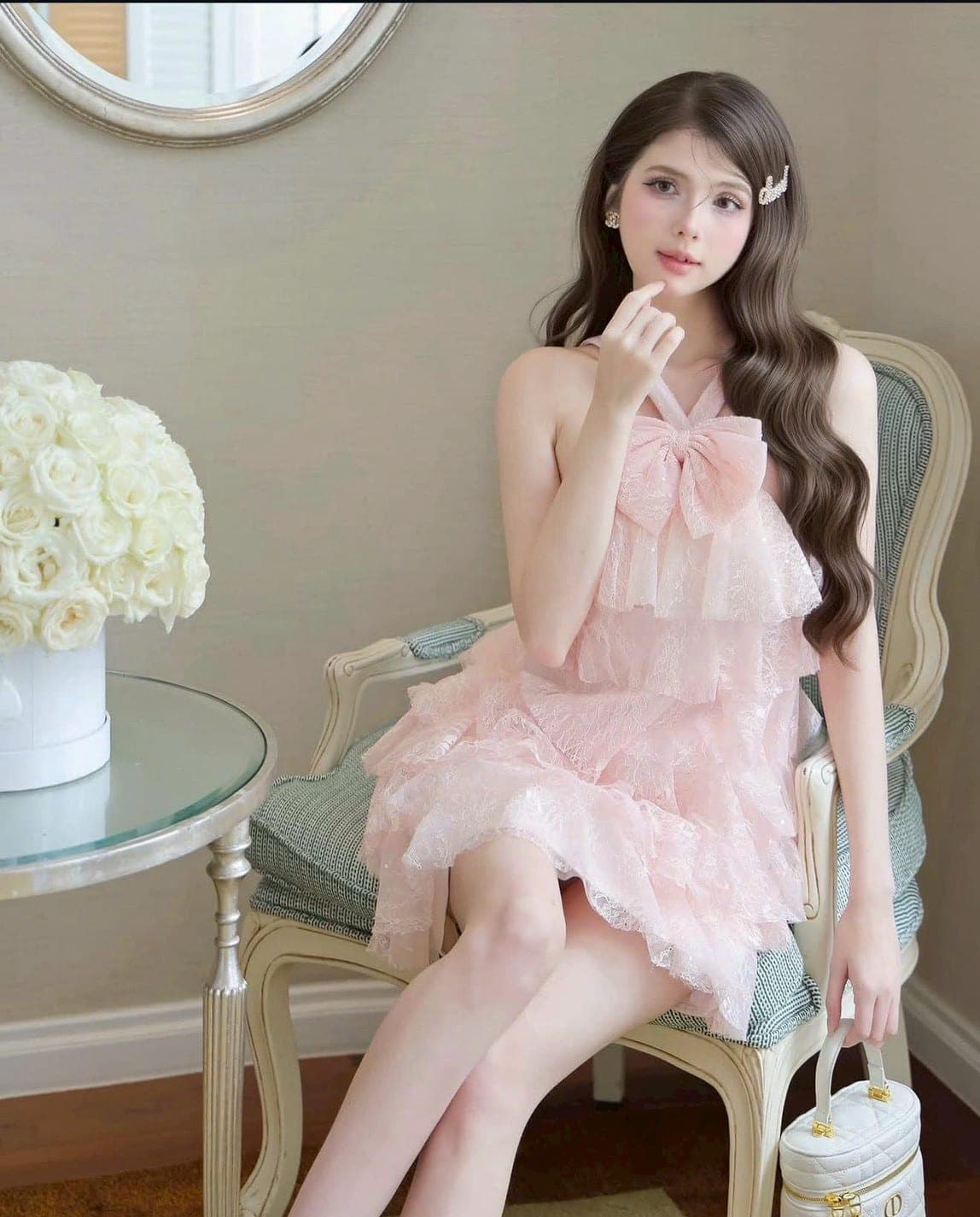 ชุดเดรส แต่งโบว์ สีชมพู TRANALI 2208 SIZE S-M BKK รูปที่ 2