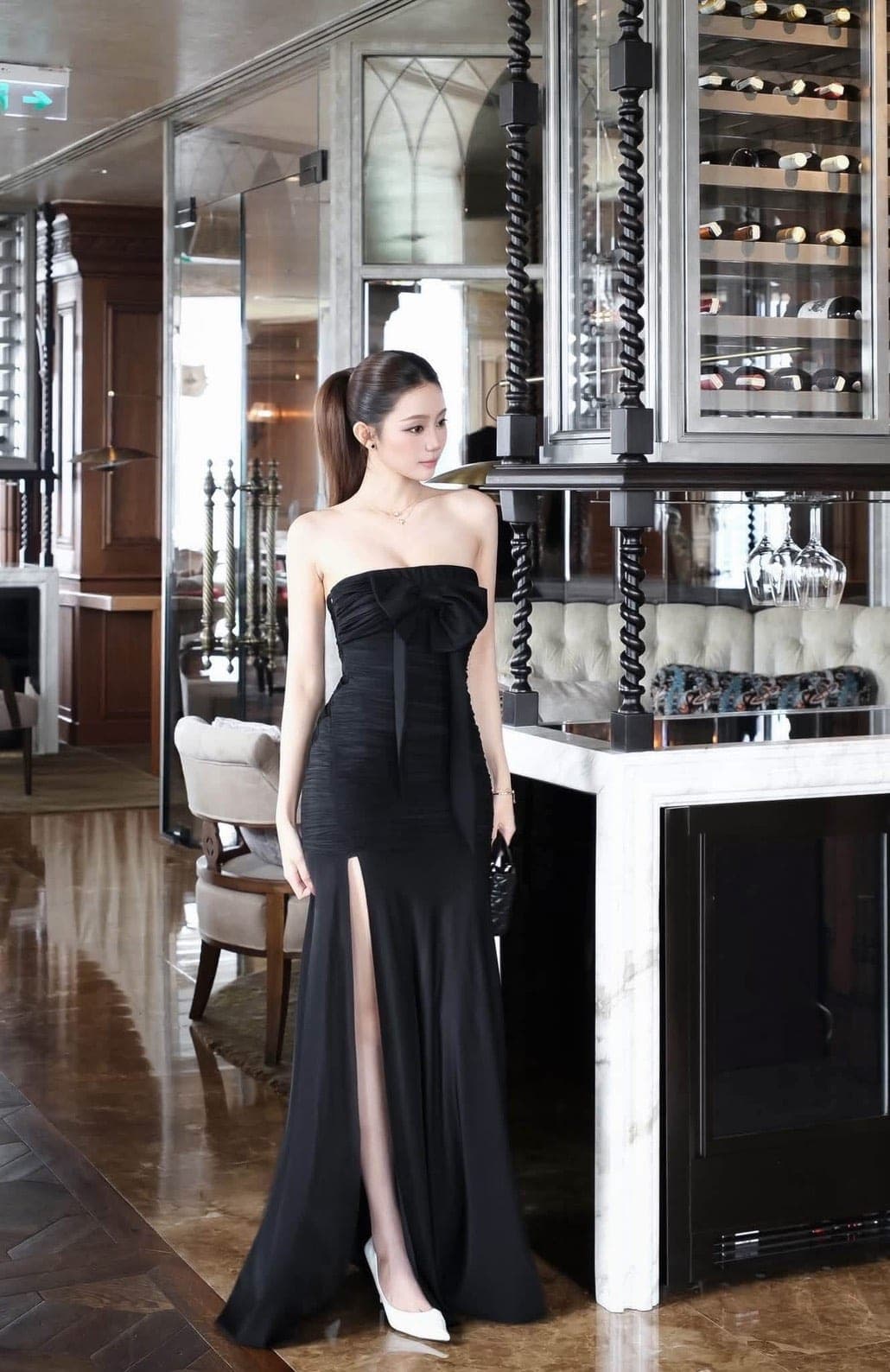 ชุดเดรสยาว ราตรี เกาะอก สีดำ BRAND Tranali 2307 BKK SIZE S-M