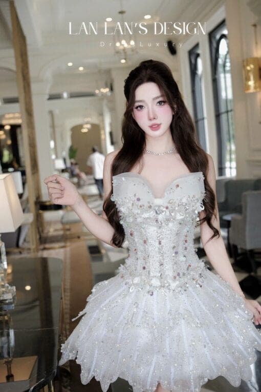 ชุดเดรส แต่งโบว์+กลิตเตอร์ สีขาว Brand HiSo 2225 Size M BKK รูปที่ 2