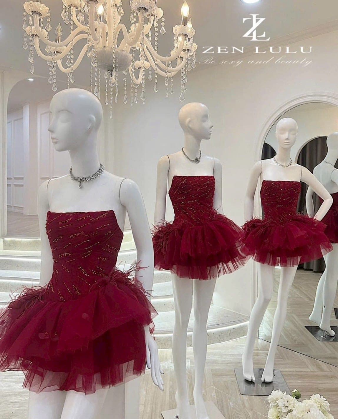 ชุดเดรส เกาะอก กระโปรงฟู แต่งขน สีดำ สีแดง สีชมพู  ZEN LULU เวียดนาม 2200 SIZE S-M BKK รูปที่ 6