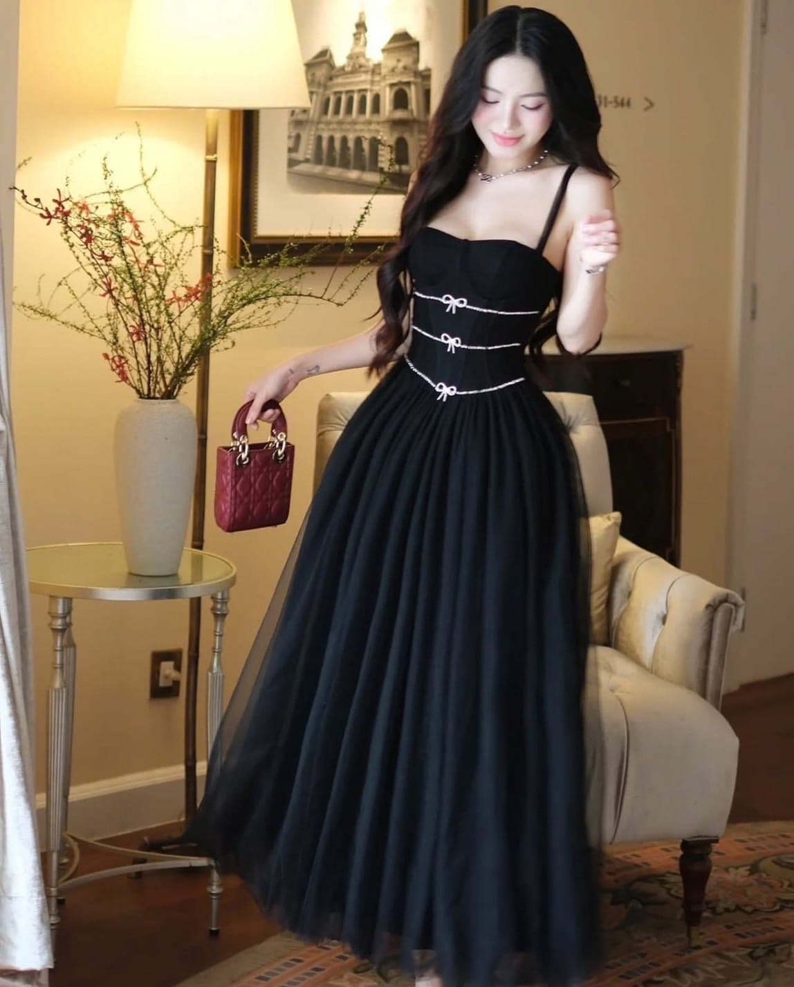 ชุดราตรี สายเดี่ยว แต่งเพชร สีดำ BRAND WABISABI 3160 Size S-M BKK รูปที่ 1