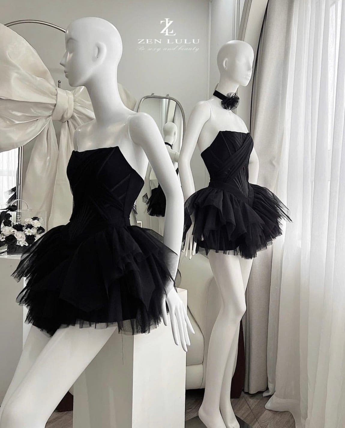 ชุดเดรส เกาะอก กระโปรงฟู ดอกที่คอ สีดำ สีชมพู ZEN LULU 2177 SIZE S-M BKK รูปที่ 3