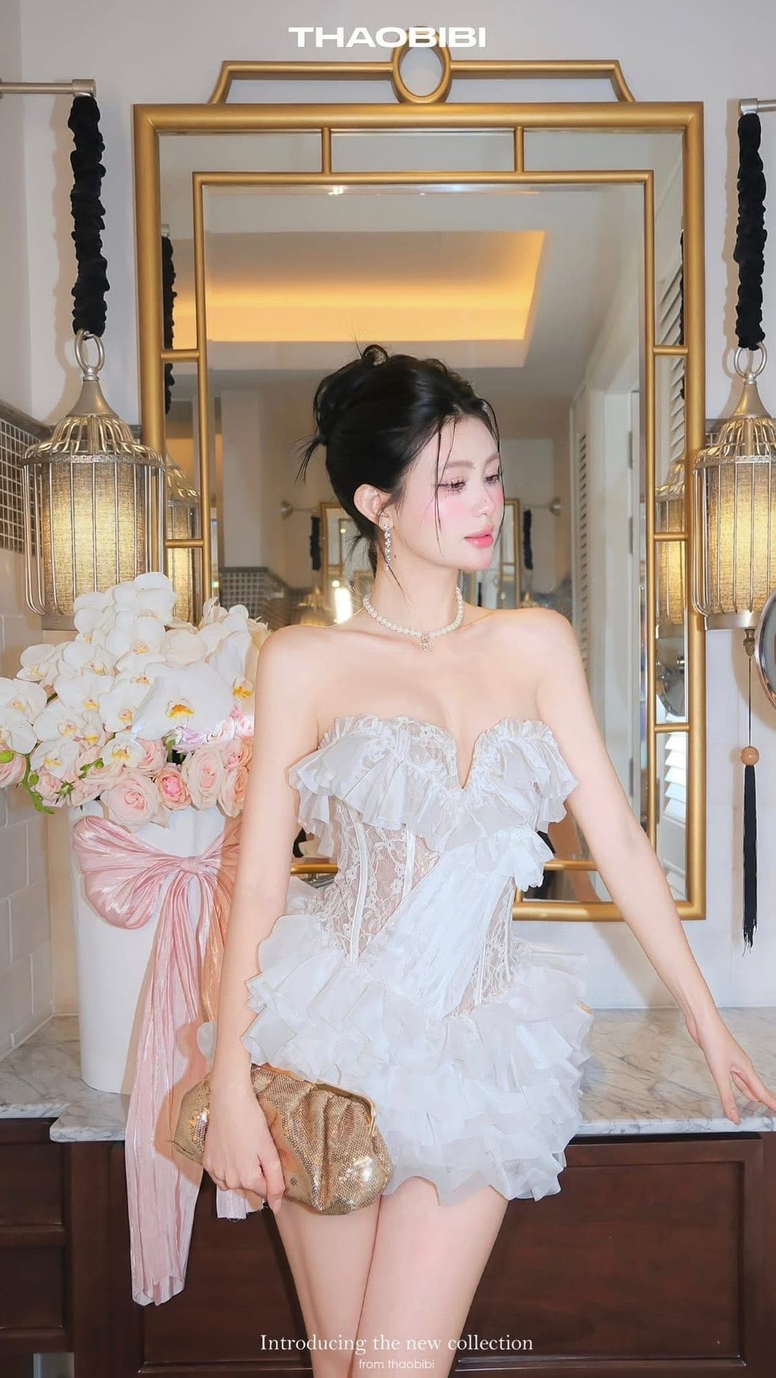 ชุดเดรส เกาะอก แต่งระบาย ลูกไม้ สีขาว สีชมพู BRAND THAOBIBI 2215 Size M BKK รูปที่ 2