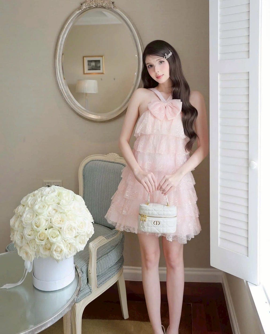 ชุดเดรส แต่งโบว์ สีชมพู TRANALI 2208 SIZE S-M BKK รูปที่ 3