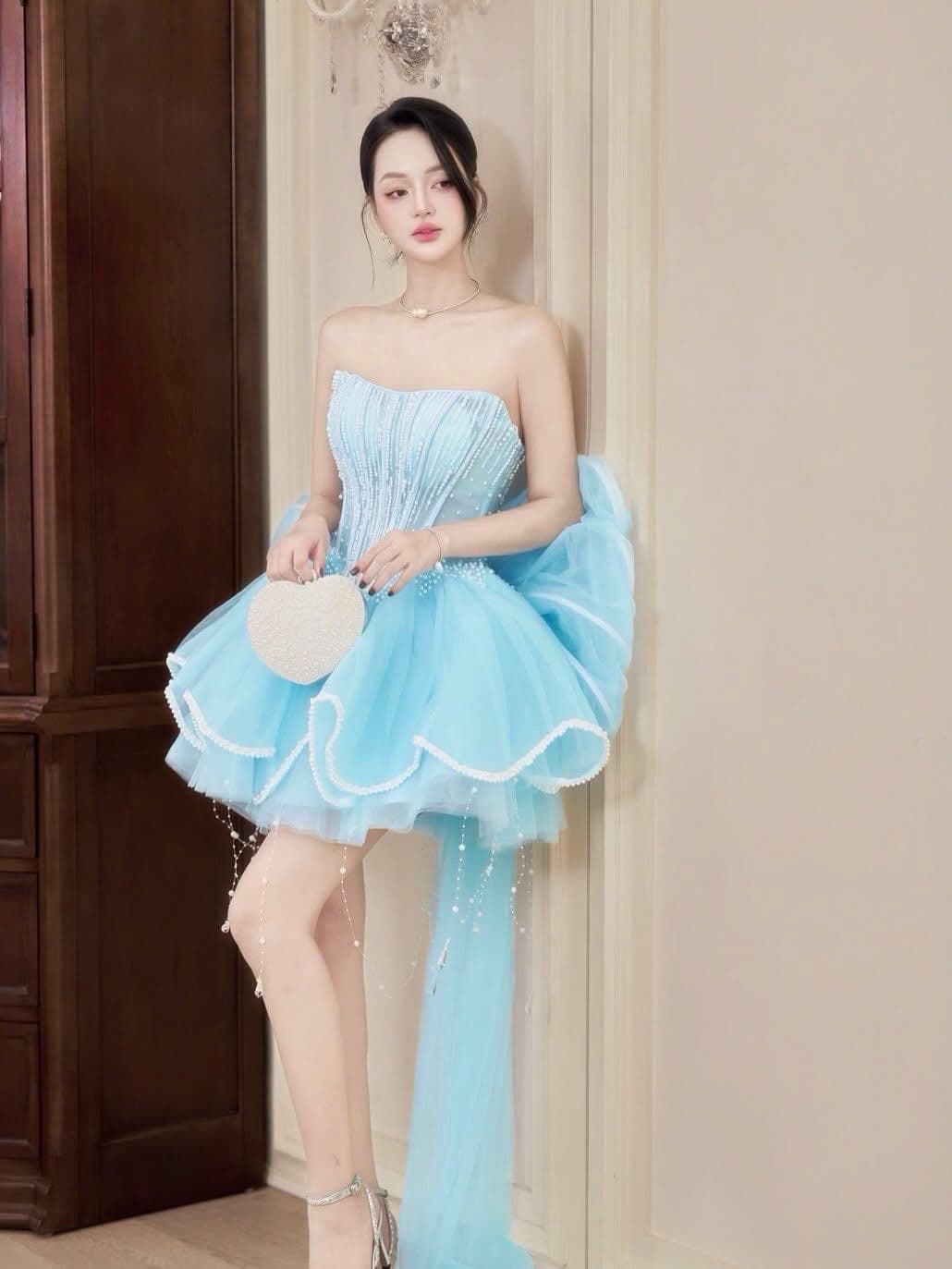 ชุดเดรส เกาะอก แต่งมุก+โบว์ สีฟ้า BRAND HISO 2370 BKK Size M รูปที่ 2