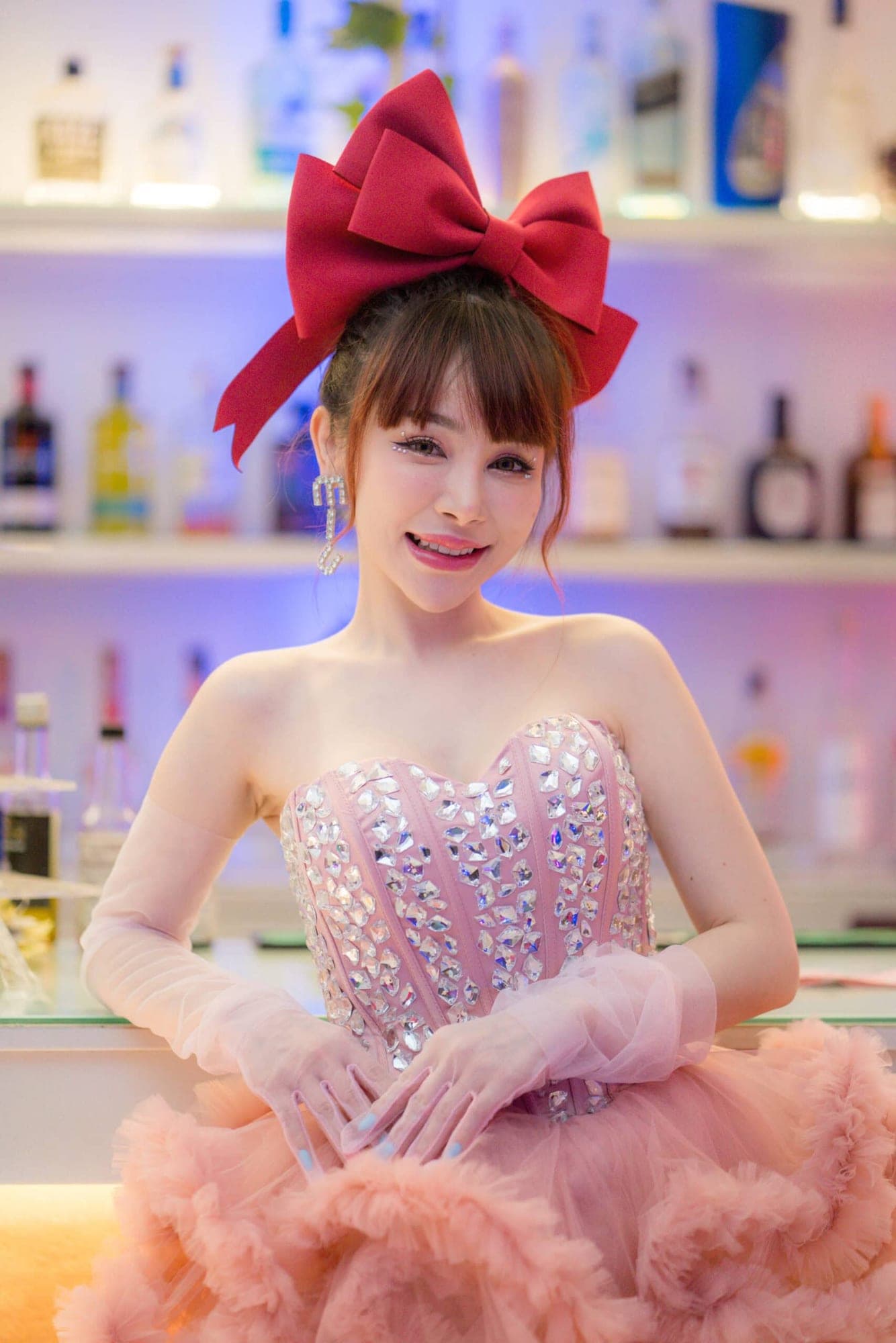 ชุดเดรส ฟูฟอง แต่งเพชร สีชมพู แบรนด์แท้ นำเข้า 2174 Size S-M BKK รูปที่ 2