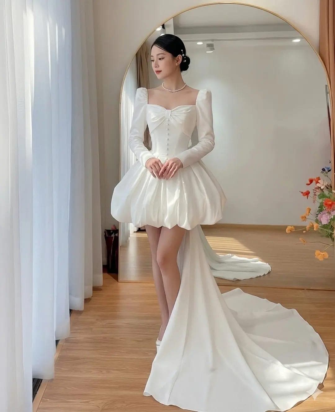 ชุดเดรส แขนยาว แต่งโบว์อก สีขาว BRAND HISO 2347 SIZE L รูปที่ 2