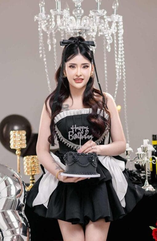ชุดเดรส เกาะอก แต่งโบว์+เพชร สีดำ 2116 Size S BKK รูปที่ 3