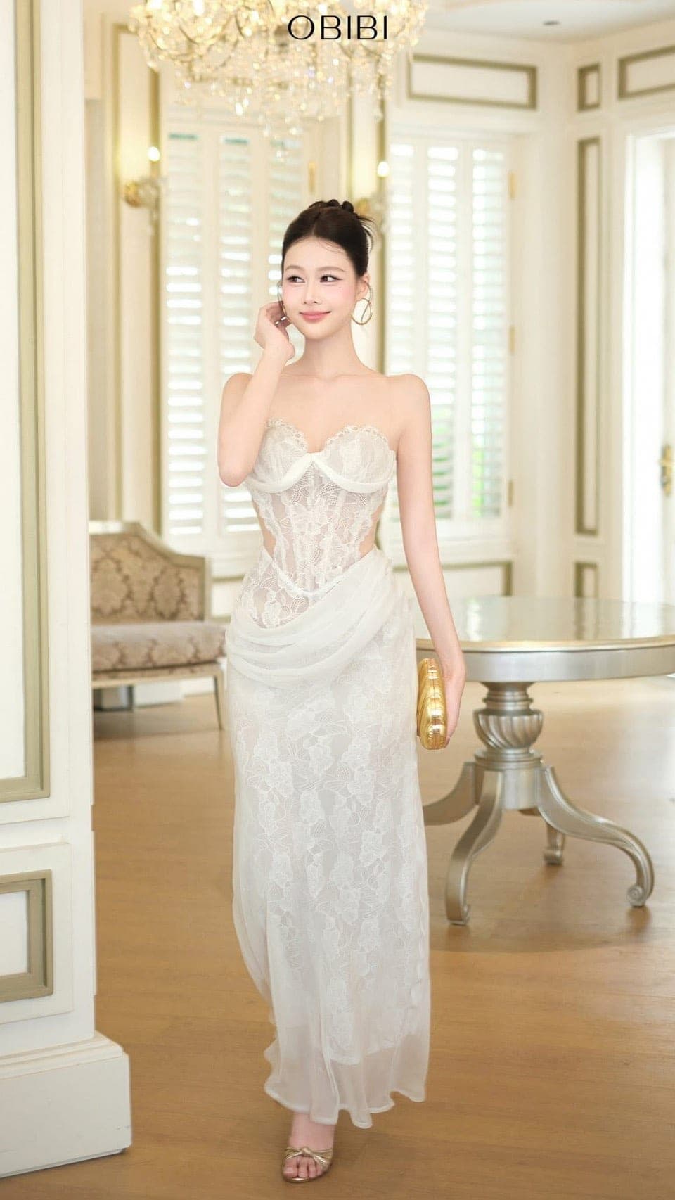 ชุดเดรส ราตรียาว ปาดไหล่ ลายลูกไม้ สีขาว สีดำ BRAND OBIBI 3087 Size S-M BKK รูปที่ 3