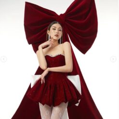 ชุดเดรส สีแดง เพรช โบว์ใหญ่ Brand LANE CI 2133 Size L