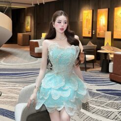 ชุดเดรส เกาะอก แต่งมุก+กลิตเตอร์ สีฟ้า 2042 Size M