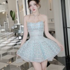 ชุดเดรส เกาะอก แต่งเพชร+กลิตเตอร์ สีฟ้า 2029 Size M