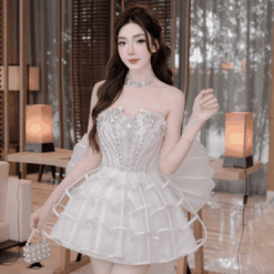 ชุดเดรส เกาะอก แต่งเพชร+โบว์ สีขาว 2030 Size M