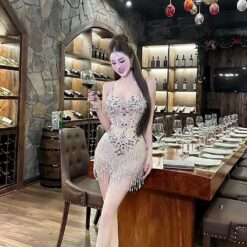 ชุดเดรส สายเดี่ยว แต่งเพชร สีครีม 2096 Size M