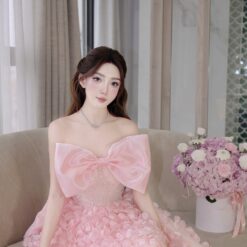 ชุดเดรส เกาะอก แต่งดอก+โบว์ สีชมพู 2037 Size M
