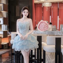 ชุดเดรส เกาะอก แต่งมุก+กลิตเตอร์ สีฟ้า 2042 Size M