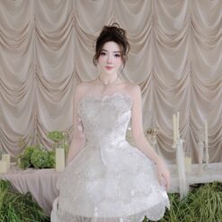 ชุดเดรส เกาะอก แต่งมุก+กลิตเตอร์ สีขาว 2039 Size M