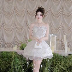 ชุดเดรส เกาะอก แต่งมุก+กลิตเตอร์ สีขาว 2039 Size S-M