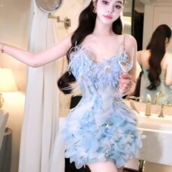 ชุดเดรส สายเดี่ยว แต่งดอก+ขน สีฟ้า 2043 Size M