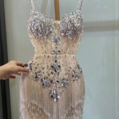 ชุดเดรส สายเดี่ยว แต่งเพชร สีครีม 2096 Size M