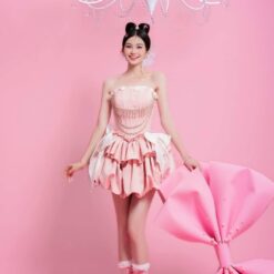 ชุดเดรส เกาะอก แต่งโบว์+เพชร สีชมพู สีบานเย็น 2112 Size S