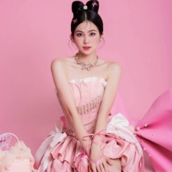 ชุดเดรส เกาะอก แต่งโบว์+เพชร สีชมพู สีบานเย็น 2112 Size S