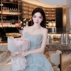 ชุดเดรส เกาะอก แต่งมุก+กลิตเตอร์ สีฟ้า 2042 Size M