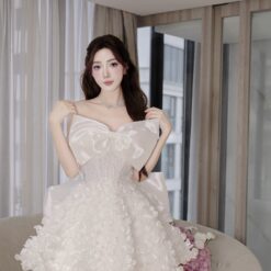 ชุดเดรส เกาะอก แต่งดอก+โบว์ สีขาว 2036 Size M