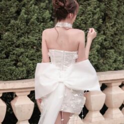 ชุดเดรส เกาะอก แต่งดอก+โบว์ สีขาว 2013 Size S