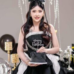 ชุดเดรส เกาะอก แต่งโบว์+เพชร สีดำ 2116 Size S