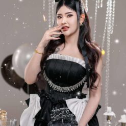 ชุดเดรส เกาะอก แต่งโบว์+เพชร สีดำ 2116 Size S