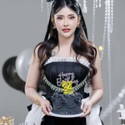 ชุดเดรส เกาะอก แต่งโบว์+เพชร สีดำ 2116 Size S