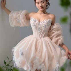 ชุดเดรส เกาะอก แต่งดอก+กลิตเตอร์ สีชมพู 2017 Size M