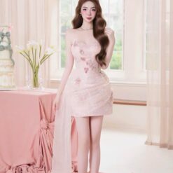 ชุดเดรส เกาะอก แต่งดอก+กลิตเตอร์ สีชมพู 2103 Size M