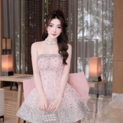ชุดเดรส เกาะอก แต่งเพชรกลิตเตอร์+โบว์ สีชมพู 2034 Size S