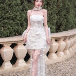 ชุดเดรส เกาะอก แต่งดอก+โบว์ สีขาว 2013 Size S