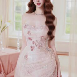 ชุดเดรส เกาะอก แต่งดอก+กลิตเตอร์ สีชมพู 2103 Size M