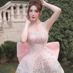 ชุดเดรส เกาะอก แต่งเพชรกลิตเตอร์+โบว์ สีชมพู 2034 Size S