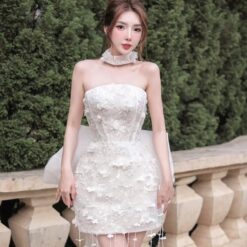 ชุดเดรส เกาะอก แต่งดอก+โบว์ สีขาว 2013 Size S