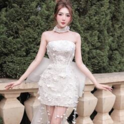 ชุดเดรส เกาะอก แต่งดอก+โบว์ สีขาว 2013 Size S