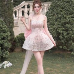 ชุดเดรส เกาะอก แต่งเพชรกลิตเตอร์+โบว์ สีชมพู 2034 Size S