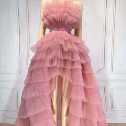 ชุดราตรียาว เกาะอก หางยาว ฟูฟ่อง สีชมพู 3026 Size M