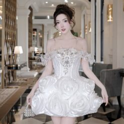 ชุดเดรส ปาดไหล่ แต่งดอก+เพชร สีขาว 2035 Size M