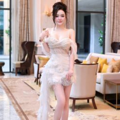 ชุดเดรส สายเดี่ยว ปาดไหล่ แต่งเพชร+ดอก สีขาว 2044 Size S